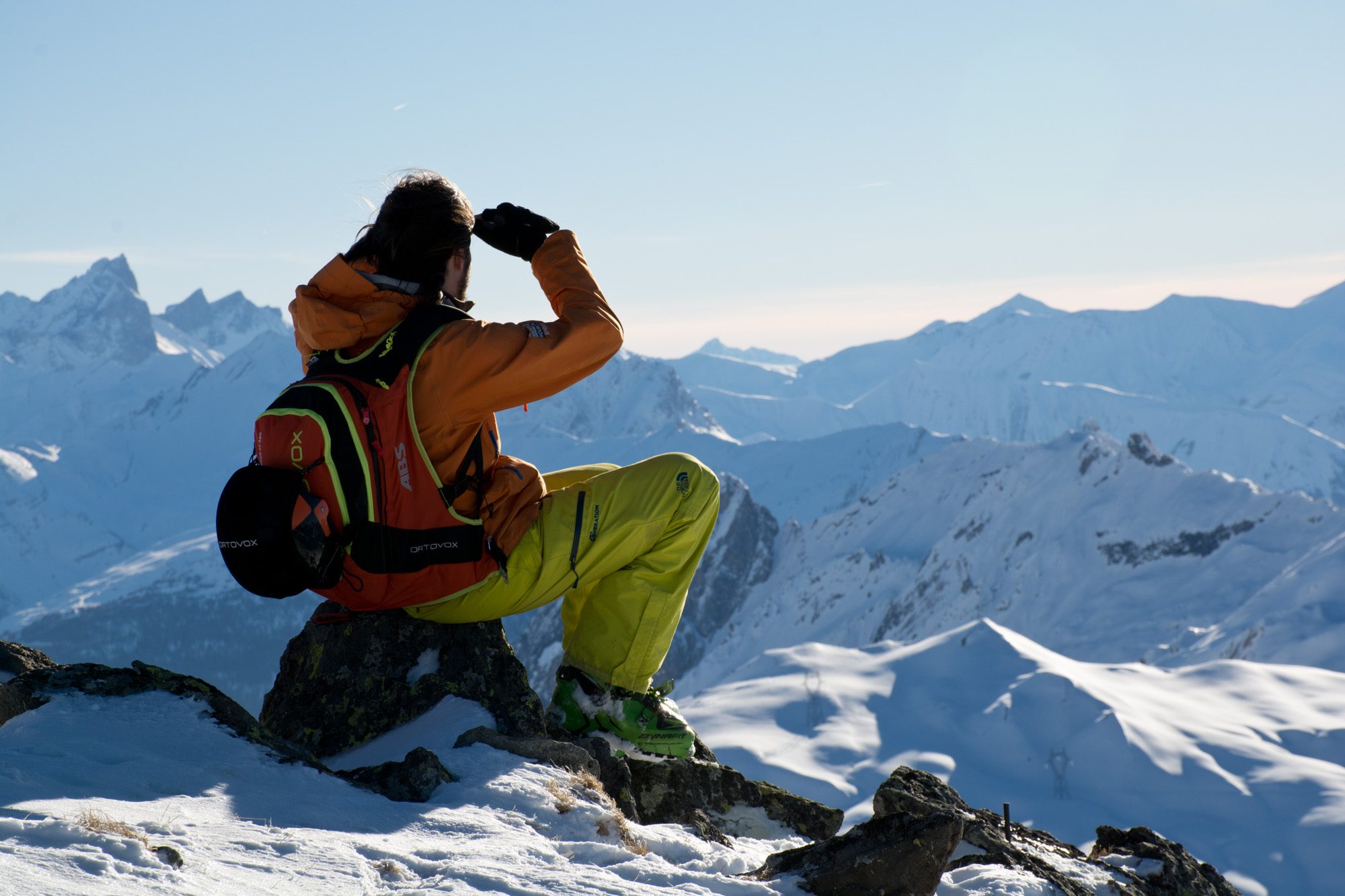 Ski guide on off-piste track in St Martin de Belleville 3 Valleys