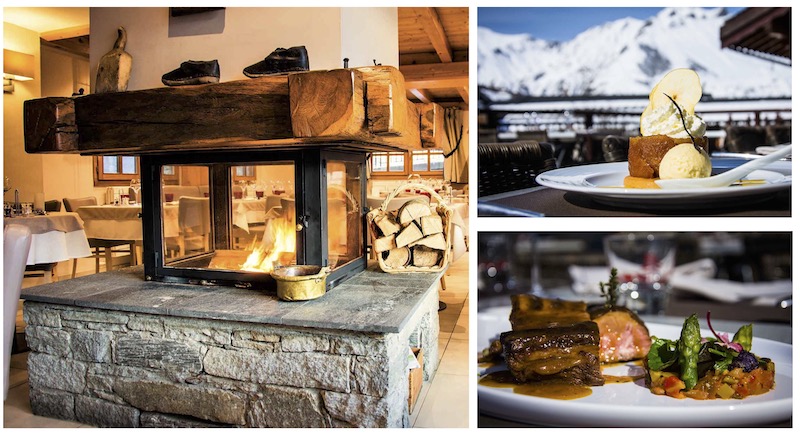 Fotocollage des Holzofens und Essensaufnahmen im Restaurant „L&#39;Etoile de Neiges“ in St. Martin