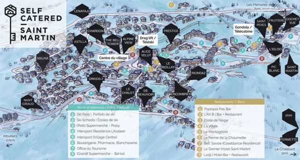 St Martin resort map showing the location of chalets